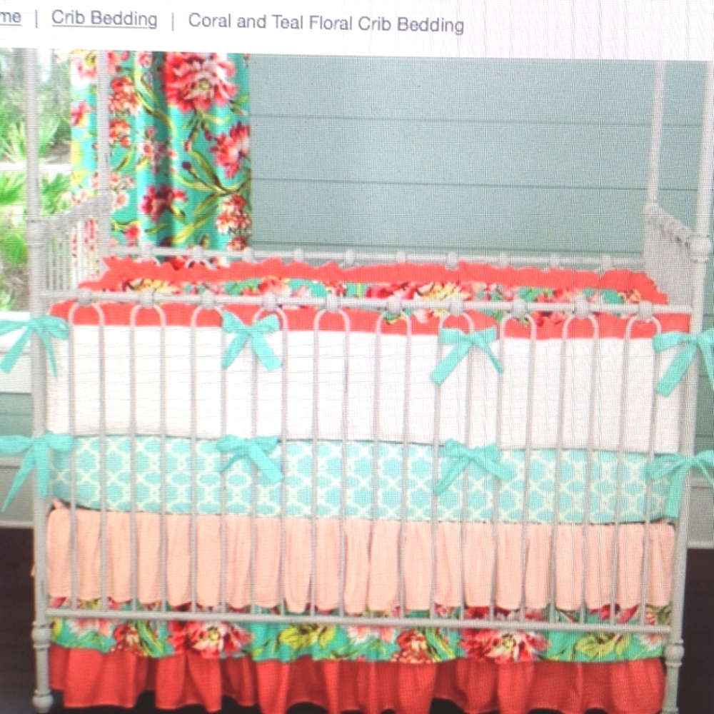 Coral and Teal Floral Crib Bedding Set